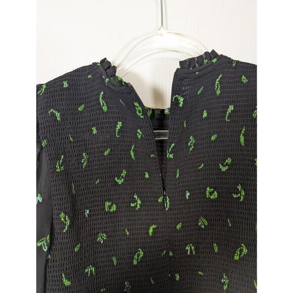 Aritzia Wilfred Lilith Blouse Cropped Smocked Zip Back Black Leaf Print Sheer L - Picture 5 of 11